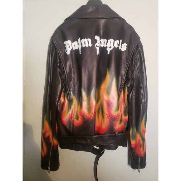 Palm Angels Burning Perfecto Leather Bomber Jacket sz m MOTORCYCLE $3590 BLACK - Picture 1 of 10